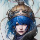 Vibrant blue hair and ornate bird helmet on female figure