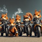 Animated squirrels on motorcycles with smoke, in rebellious pose