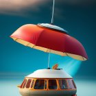 Steampunk-style airship with umbrella canopy floating in serene sky above calm waters