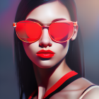 Stylized portrait of woman with red sunglasses in cosmic backdrop