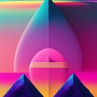 Neon-colored landscape art with mountains, trees, water reflections, starry sky, and large moon