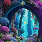 Colorful Fantasy Forest with Floral Archway and Glowing Pathway