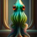 Colorful Anthropomorphic Squid in Front of Golden Frames