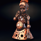 Detailed child-like robot with ornate copper and black design and expressive eyes