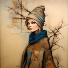 Portrait of Woman in Striped Headscarf & Floral Shawl in Autumn Scene