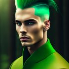 Man with Green Hair & Gold Facial Tattoos in Textured Outfit on Dark Background