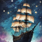 Colorful tall ship sailing on sea with bubbles and celestial bodies.