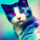 Colorful Cat Illustration with Vibrant Multicolored Coat and Purple Eyes