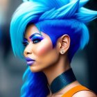 Digital artwork of woman with blue hair, orange dress, tattoos, celestial background