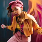 Fashionable woman in pink headwrap against colorful backdrop