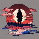 Silhouetted figure against multicolored sunset in circle frame