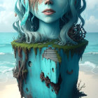 Surreal portrait of woman with blue hair and skin, marine elements, branches, and clocks blending