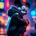 Mickey Mouse in rainy city scene with coat and scarf