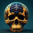 Skull with floral patterns and butterfly on teal background