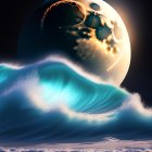 Digital Artwork: Large Moon, Ocean Wave, Starry Night Sky