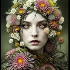 Digital portrait of woman with serene expression and floral wreath in colorful flower setting