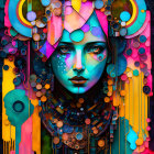 Vibrant futuristic female figure with elaborate headgear and wings on abstract background