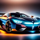 Futuristic sports car with blue and orange neon accents on reflective surface