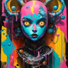 Female figure with blue skin and mechanical elements in colorful digital artwork