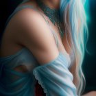 Woman with Long Wavy Pale Blue Hair in Elegant Blue and Red Attire