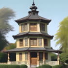 Yellow Three-Story Ornate House with Tower, Balconies, Trees, and Dark Smoke Pl