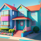 Blue House with Orange Accents and Frosting-like Details in Whimsical Scene