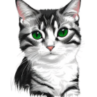 Monochrome cat with green eyes and whiskers on white background