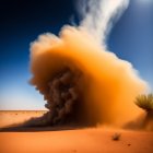 Surreal face with orange flame-like hair in desert landscape