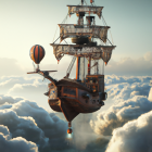 Ornate flying ship with golden embellishments in serene sky