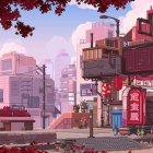 Futuristic cityscape with pink Asian architecture, cherry blossoms, and pedestrians.