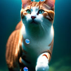 Orange and White Cat with Blue Eyes Submerged in Water with Bubbles and Light Rays