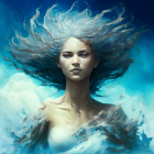 Ethereal female figure with wavy hair in starry blue background