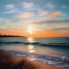 Vibrant sunset watercolor painting of sea waves under layered sky