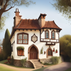 Illustrated quirky cottage with red door, rounded trees, flying birds, whimsical creature