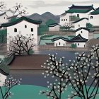 White houses and bare trees in a rustic village setting with rolling hills and blossoms in linear art style