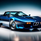 Blue BMW M1 Sports Car with Racing Stripes and Rear Wing on Orange Gradient Background