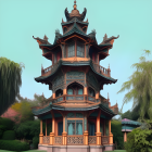 Detailed illustration of multi-tiered traditional Asian pagoda with blue and gold patterns in lush green foliage