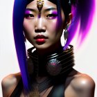 Fantasy illustration of woman in ornate armor with blue-purple hair.