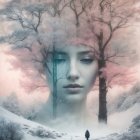 Surreal winter landscape with woman's face merging into tree