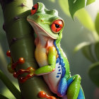 Colorful digital art: Red-eyed tree frog on branch with lush greenery