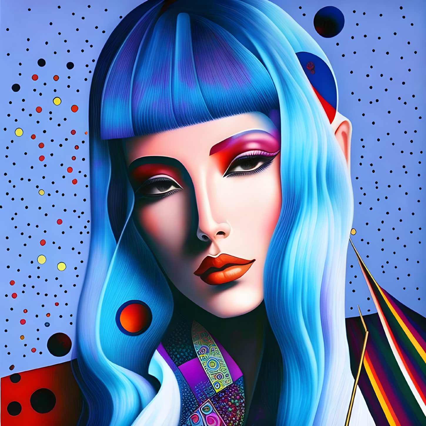 Colorful digital illustration of a woman with blue hair and vivid makeup against a futuristic backdrop