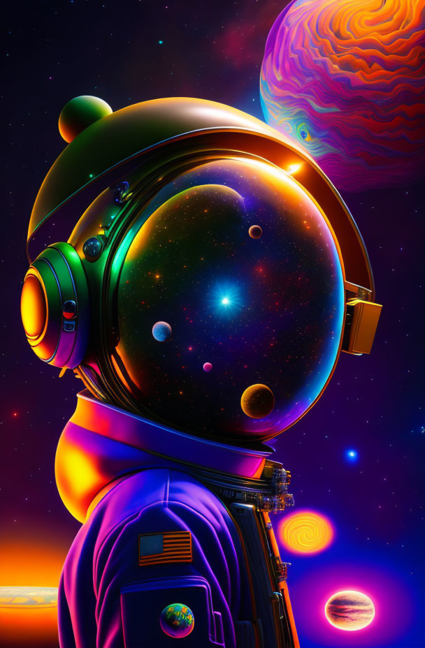 Astronaut in reflective helmet surrounded by vibrant cosmic bodies and colorful nebulae