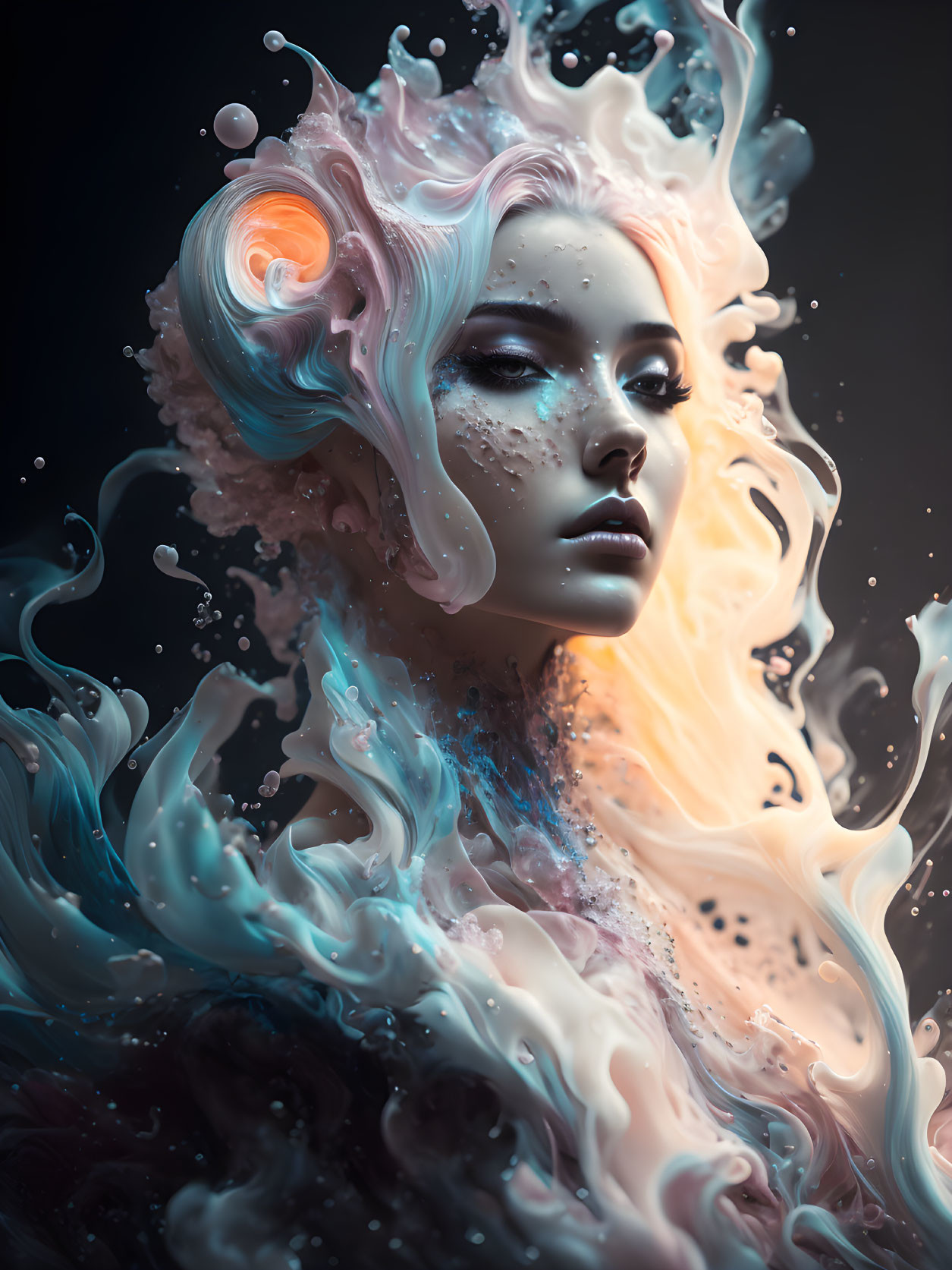 Surreal portrait of woman with pastel-colored hair and liquid swirls