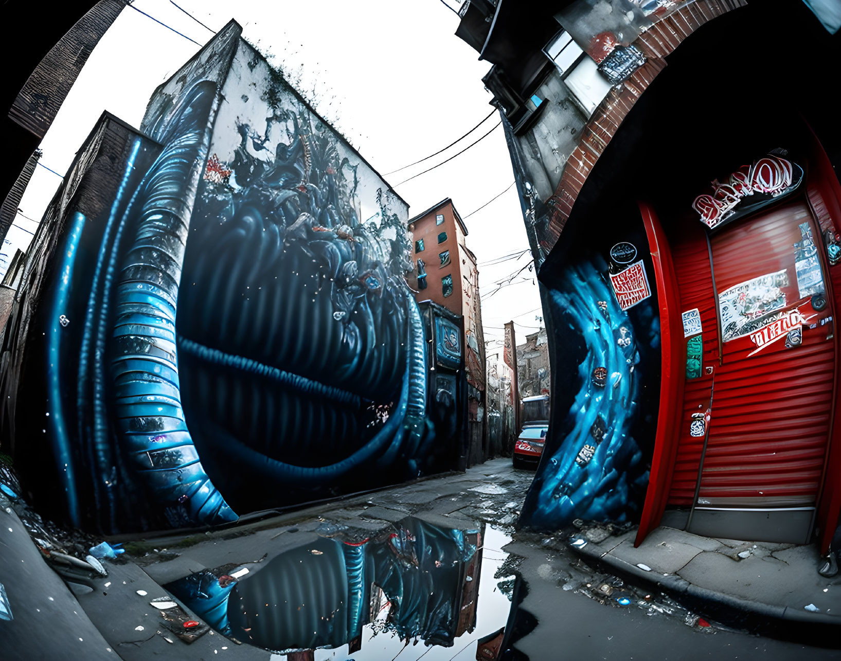 Monstrous creature street art mural with fish-eye lens reflection