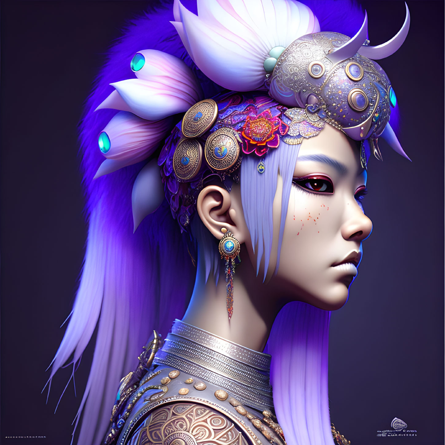 Digital Portrait: Woman with Violet Hair and Fantasy Jewelry on Purple Background