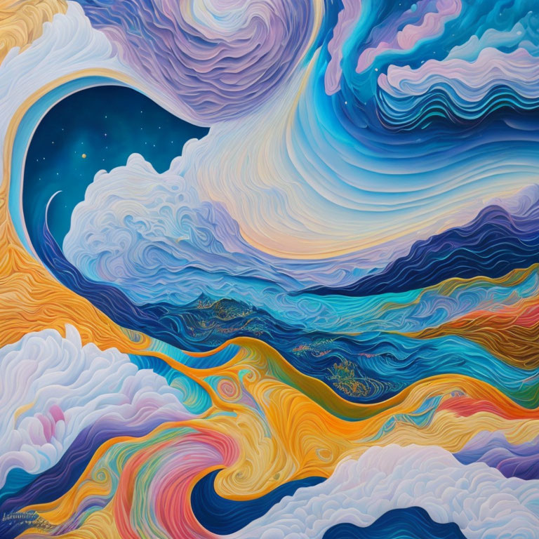 Abstract painting with swirling blues, purples, and yellows evoking waves and celestial movements.