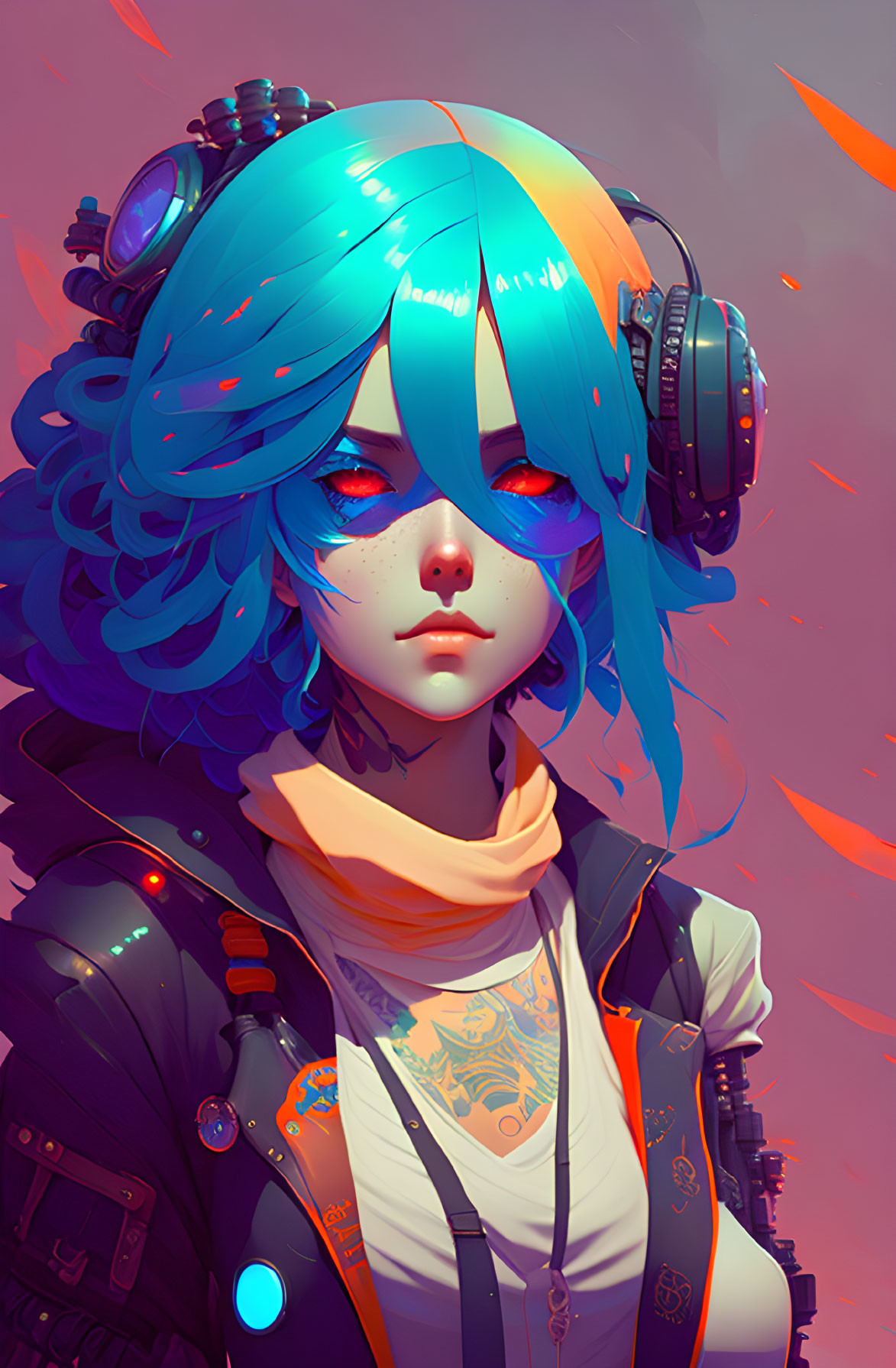 Character with Blue Hair and Red Eyes in Futuristic Attire with Glowing Orange Accents