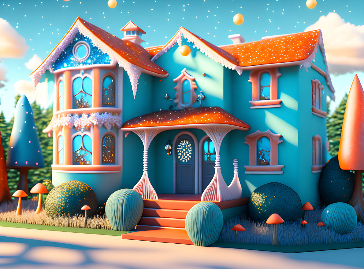 Blue House with Orange Accents and Frosting-like Details in Whimsical Scene