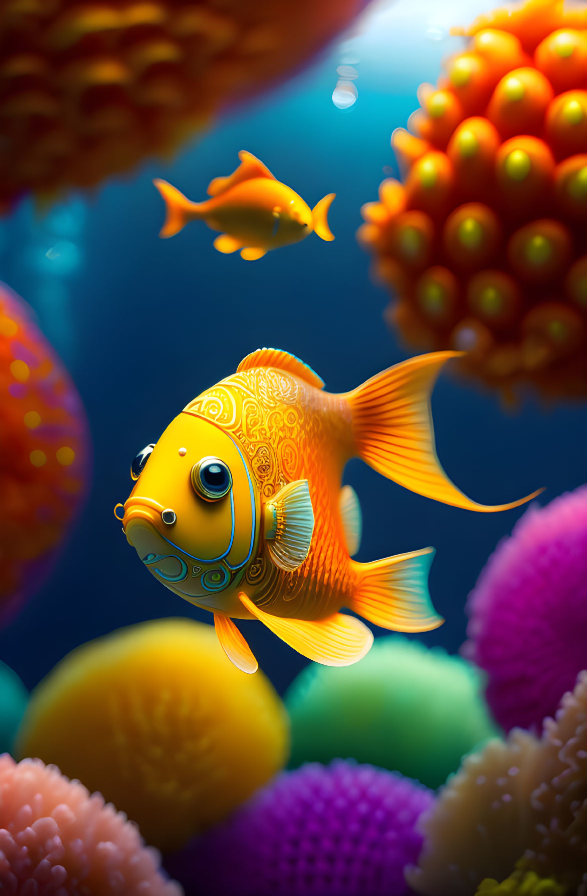 Colorful Digital Artwork: Golden Fish Among Coral in Blue Environment