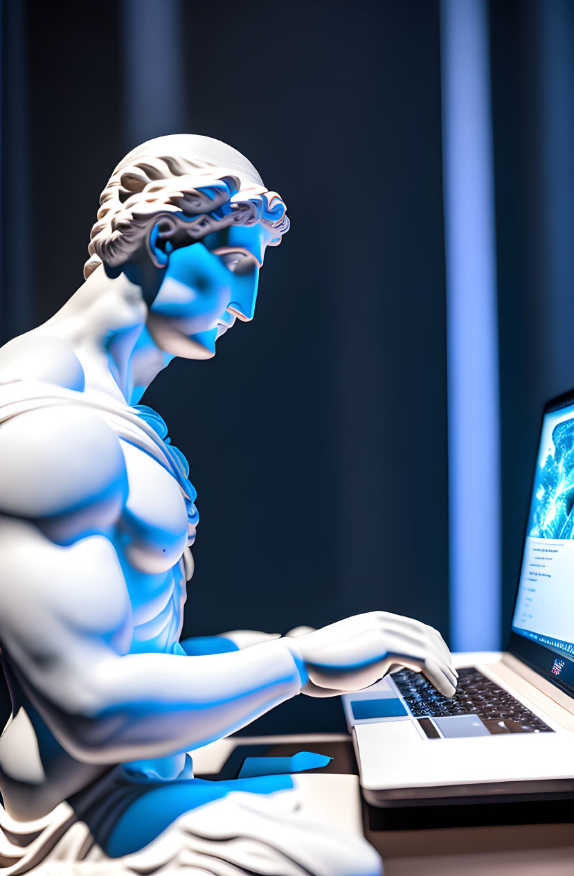 Classical statue with modern laptop fusion depicted.